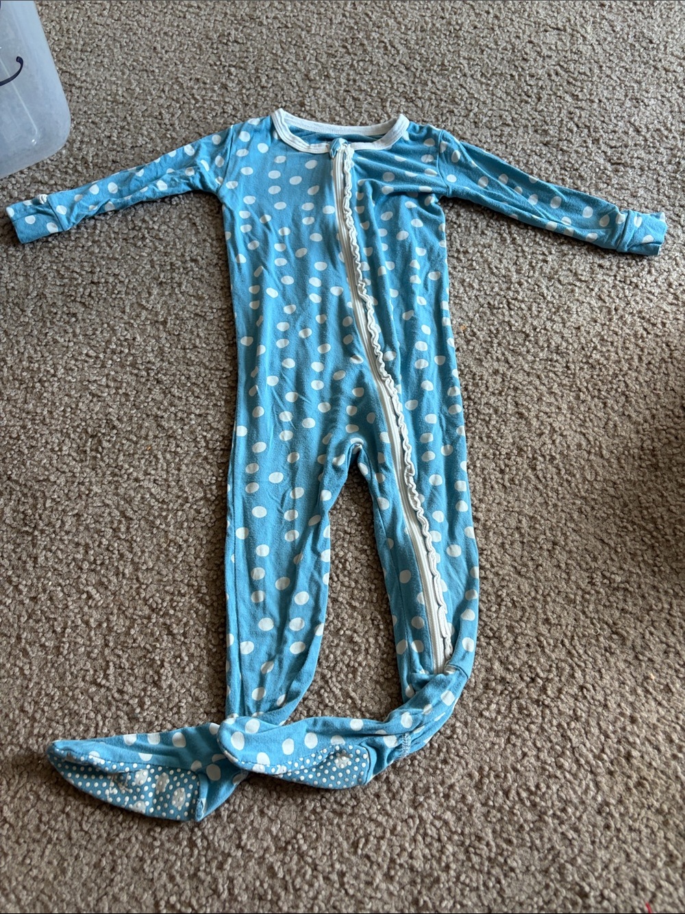 B73 Kickee Pants Bamboo Blue and White Polka Dot Footed One-Piece w Ruffles